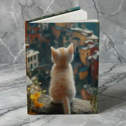 Orange Kitten Overlooking Colorful Hillside Village