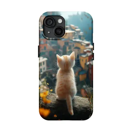 Orange Kitten Overlooking Colorful Hillside Village