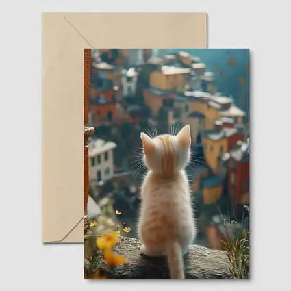 Orange Kitten Overlooking Colorful Hillside Village