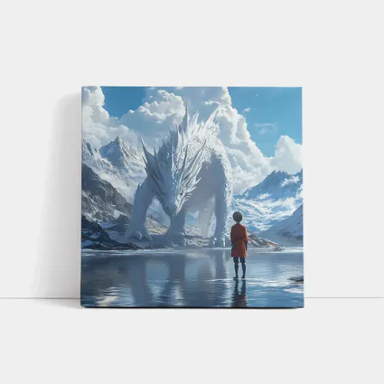 Boy Facing White Dragon Snowy Mountains