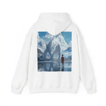 Boy Facing White Dragon Snowy Mountains