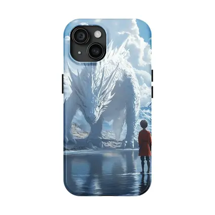Boy Facing White Dragon Snowy Mountains