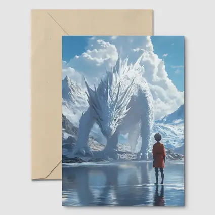 Boy Facing White Dragon Snowy Mountains