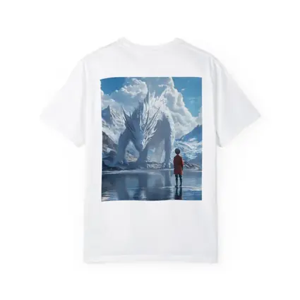 Boy Facing White Dragon Snowy Mountains