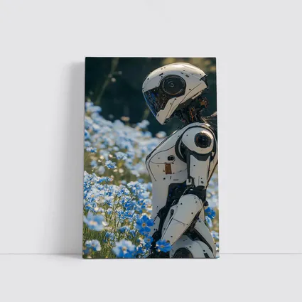 White Robot Standing Among Blue Wildflowers