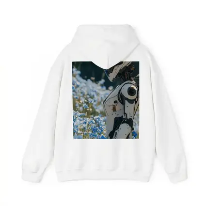 White Robot Standing Among Blue Wildflowers
