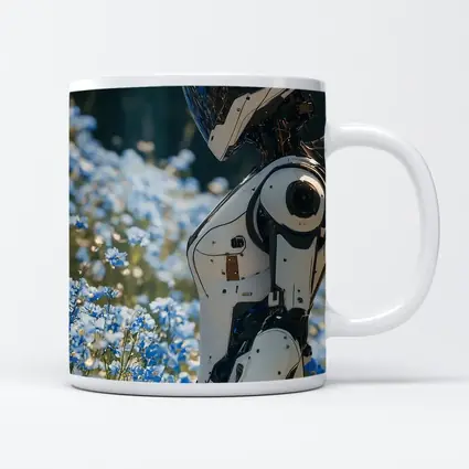 White Robot Standing Among Blue Wildflowers