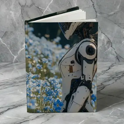 White Robot Standing Among Blue Wildflowers