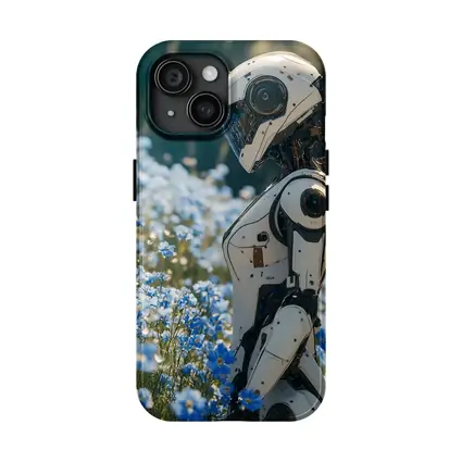 White Robot Standing Among Blue Wildflowers