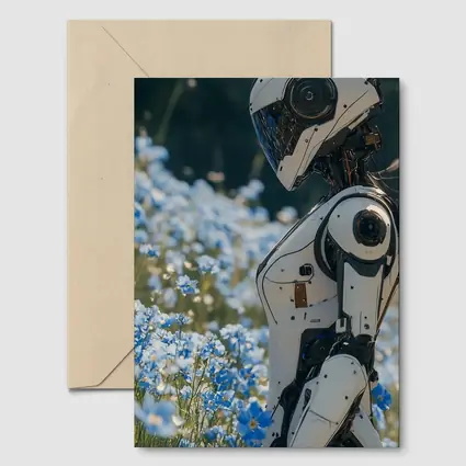 White Robot Standing Among Blue Wildflowers