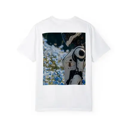 White Robot Standing Among Blue Wildflowers