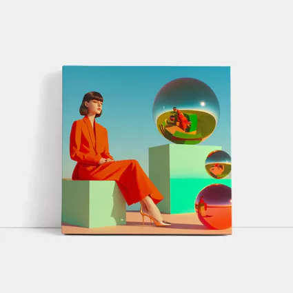 Woman Red Suit Surreal Geometric Spheres Scene