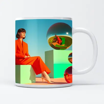 Woman Red Suit Surreal Geometric Spheres Scene