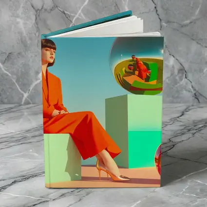 Woman Red Suit Surreal Geometric Spheres Scene