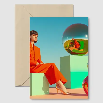 Woman Red Suit Surreal Geometric Spheres Scene