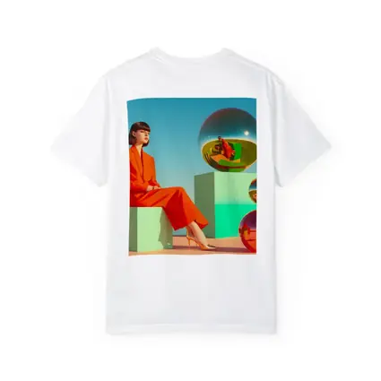 Woman Red Suit Surreal Geometric Spheres Scene