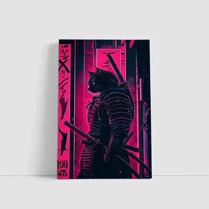 Black Cat Samurai Neon Pink City Night