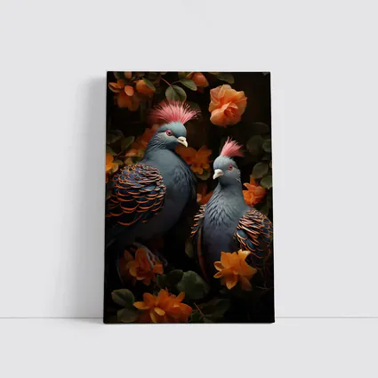 Two Victoria Crowned Pigeons Among Orange Flowers
