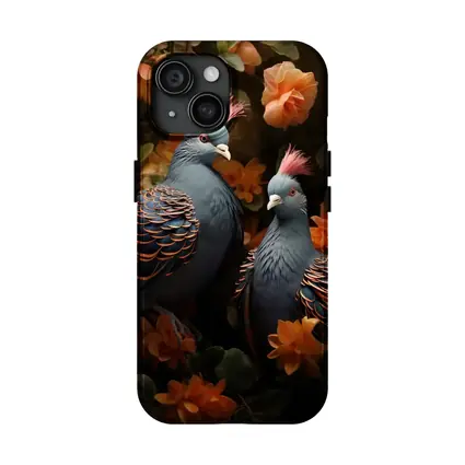 Two Victoria Crowned Pigeons Among Orange Flowers