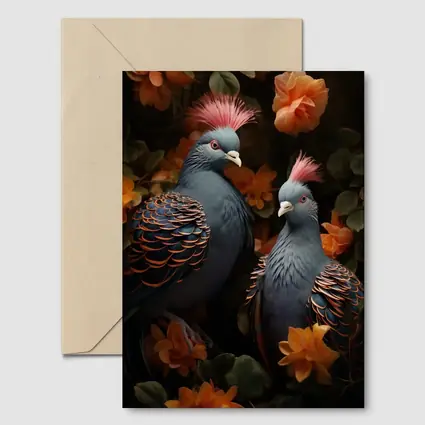 Two Victoria Crowned Pigeons Among Orange Flowers