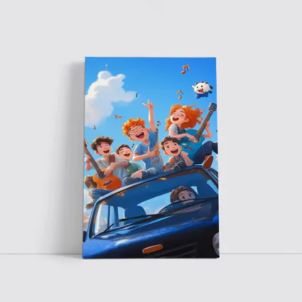 Happy Kids Playing Music On Blue Car