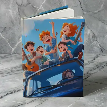 Happy Kids Playing Music On Blue Car