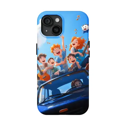 Happy Kids Playing Music On Blue Car