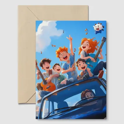Happy Kids Playing Music On Blue Car