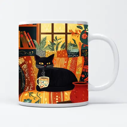 Black Cat Cozy Reading Room Illustration Art