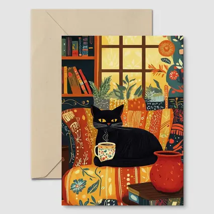 Black Cat Cozy Reading Room Illustration Art