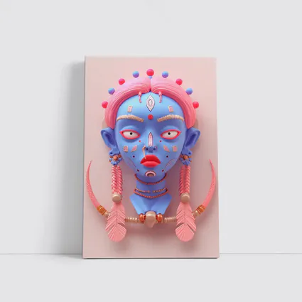 Blue Tribal Face Pink Feathers Abstract Art