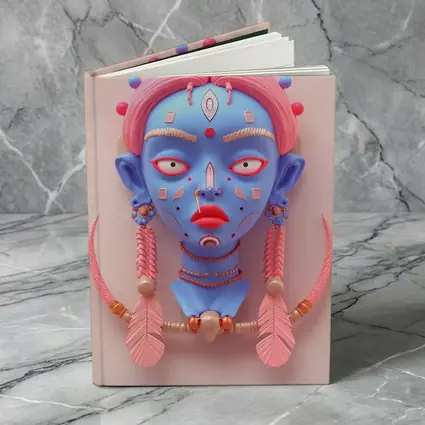 Blue Tribal Face Pink Feathers Abstract Art