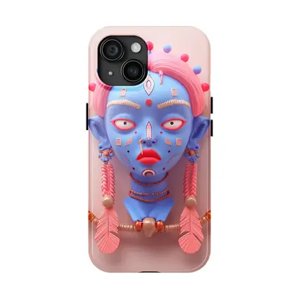 Blue Tribal Face Pink Feathers Abstract Art