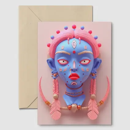 Blue Tribal Face Pink Feathers Abstract Art