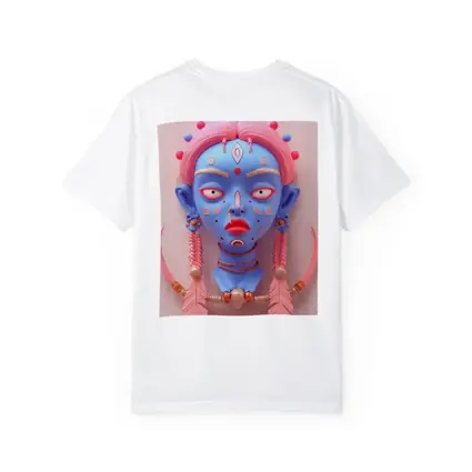Blue Tribal Face Pink Feathers Abstract Art
