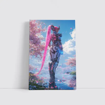 Cyberpunk Robot Girl Cherry Blossom Garden
