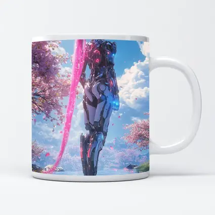 Cyberpunk Robot Girl Cherry Blossom Garden