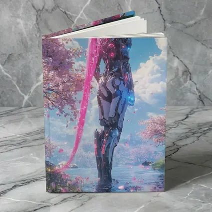 Cyberpunk Robot Girl Cherry Blossom Garden