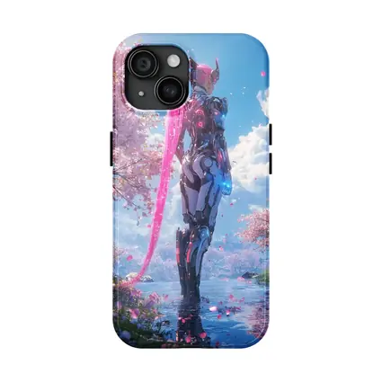 Cyberpunk Robot Girl Cherry Blossom Garden