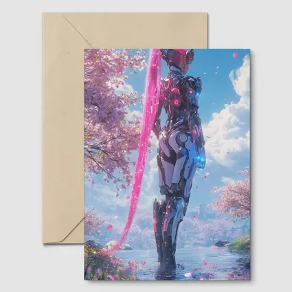 Cyberpunk Robot Girl Cherry Blossom Garden