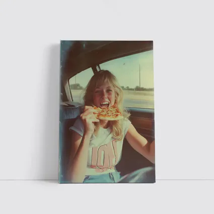 Retro Girl Eating Pizza In Car