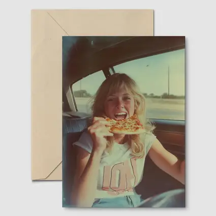 Retro Girl Eating Pizza In Car