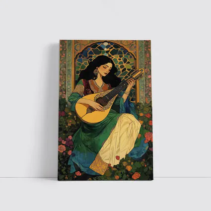 Woman Playing Lute Art Nouveau Floral