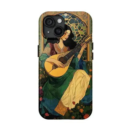 Woman Playing Lute Art Nouveau Floral