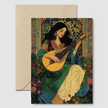 Woman Playing Lute Art Nouveau Floral