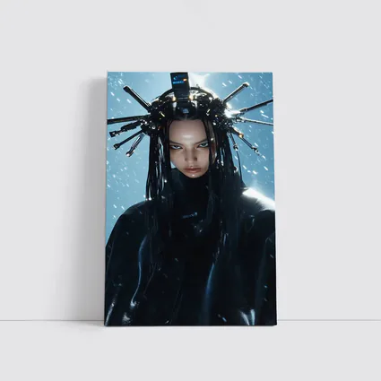 Cyberpunk Woman Mechanical Crown Snow Background
