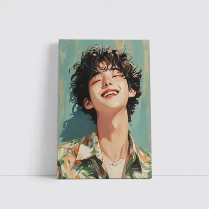 Smiling Korean Boy Illustration Teal Background