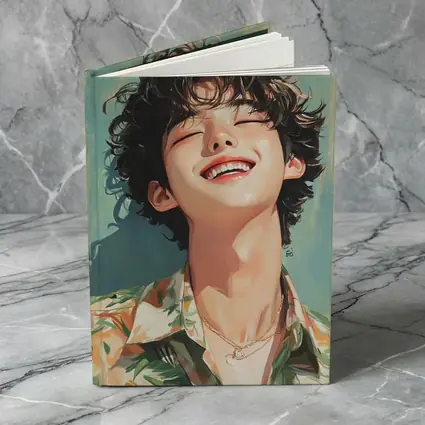Smiling Korean Boy Illustration Teal Background