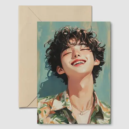 Smiling Korean Boy Illustration Teal Background