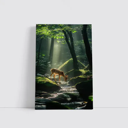 Fawn Drinking From Forest Stream Sunlight